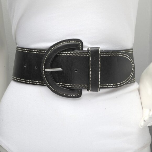 Belt Shak Vegan Leather Wide Belt Black Contrast Stitching Half Moon Buckle - Picture 4 of 11